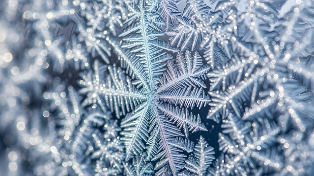 Intricate frost patterns forming delicate ice crystals on a cold surface