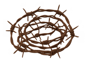Rusty barbed wire forming a crown of thorns symbolizing suffering, sacrifice, and redemption, on transparent background