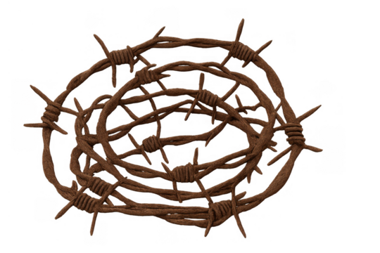 Rusty barbed wire forming a crown of thorns symbolizing suffering, sacrifice, and redemption, on transparent background