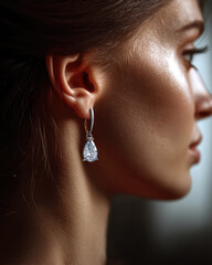 Side view woman ear with elegant silver earring, sparkling gemstone, smooth skin, soft lighting, beauty, fashion, close up