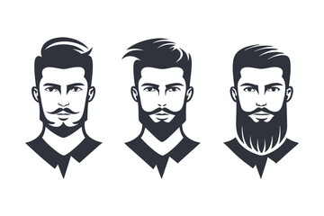 Three stylized man avatars showcase different beard styles and fashionable hairstyles in solid black