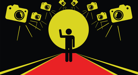 Celebrity greeted by paparazzi flashes on red carpet, spotlight focus