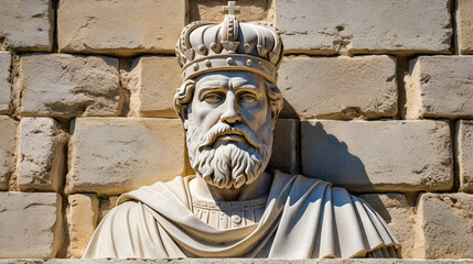 Roman stone sculpture of bearded man with crown on historic wall. Investiture Ceremony of the Captains Regent San  Marino.