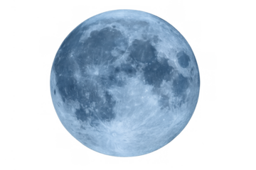 Blue full moon displaying its surface details, orbiting earth in space with a transparent alpha channel