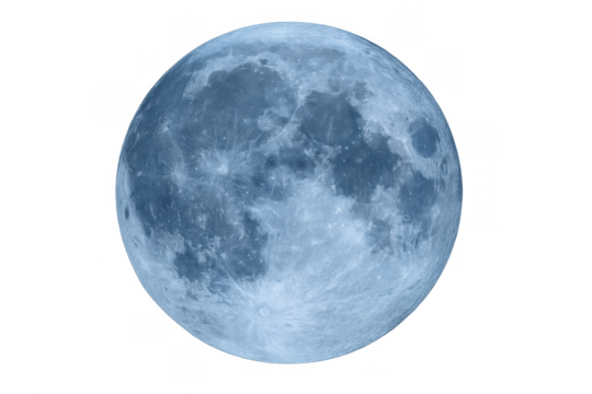Blue full moon displaying its surface details, orbiting earth in space with a transparent alpha channel