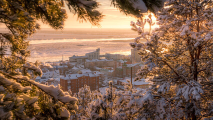 Winter sunset panorama of Khanty-Mansiysk, Russia, framed by snowy pines above the frozen Irtysh River during the cold snowy day in Siberia.