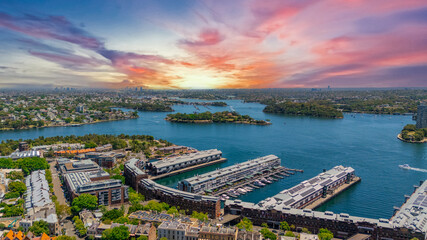 18 November 2025 Panoramic night view of Sydney Harbour and City Skyline of NSW Australia beautiful colourful skies on a beautiful spring day