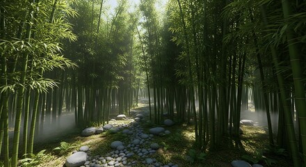 Serene Bamboo Forest Path with Sunlit Mist and Stones