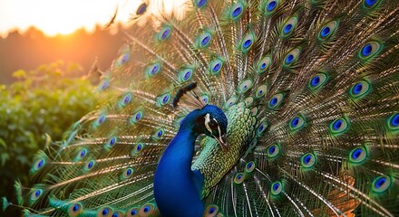 Majestic Peacock Displaying Vibrant Plumage at Sunset
