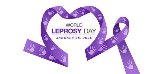 January 25 is World Leprosy Day. Heart shape ribbon and hand. Suitable for posters, banners and social media. White background.