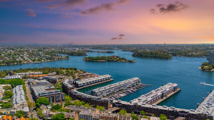 18 November 2025 Panoramic night view of Sydney Harbour and City Skyline of NSW Australia beautiful colourful skies on a beautiful spring day