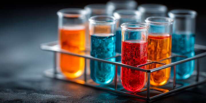 Test tubes filled with colorful liquids in a laboratory setting. The tubes are arranged in a metal rack, showcasing vibrant blue, red, and orange solutions.