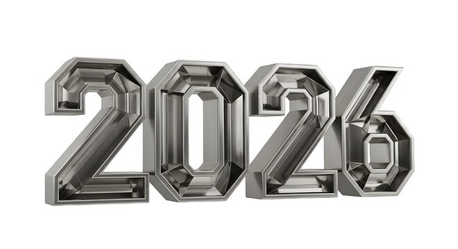 Shiny chrome 3d numbers 2026 with metallic texture and reflections on a black background