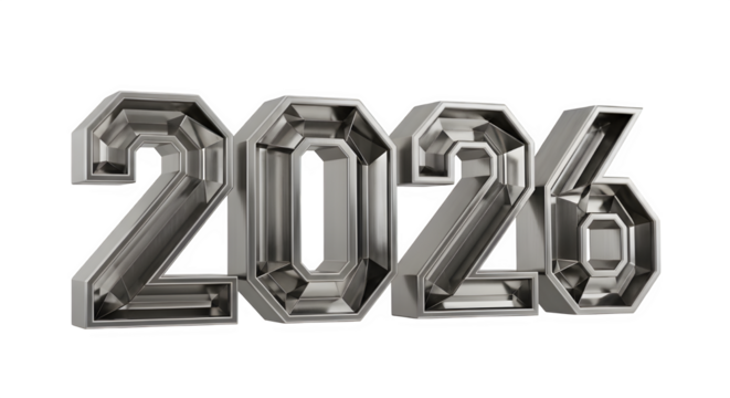 Shiny chrome 3d numbers 2026 with metallic texture and reflections on a black background