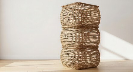 Woven basket made of natural materials, stacked in a bright room, showcasing intricate craftsmanship and texture, perfect for home decor and organization