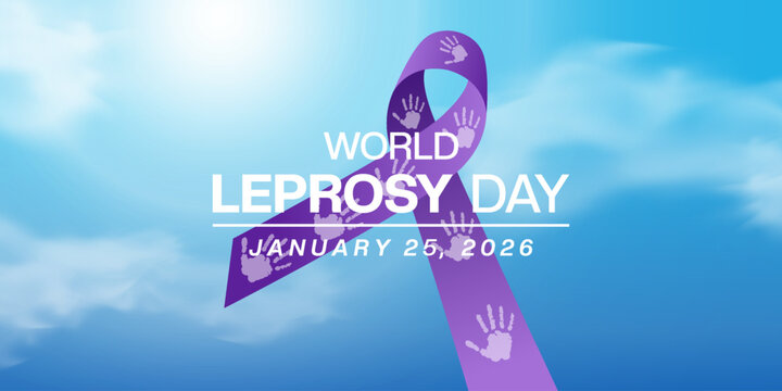 January 25 is World Leprosy Day. Ribbon, hand, cloud and sun. Suitable for posters, banners and social media. Blue background.