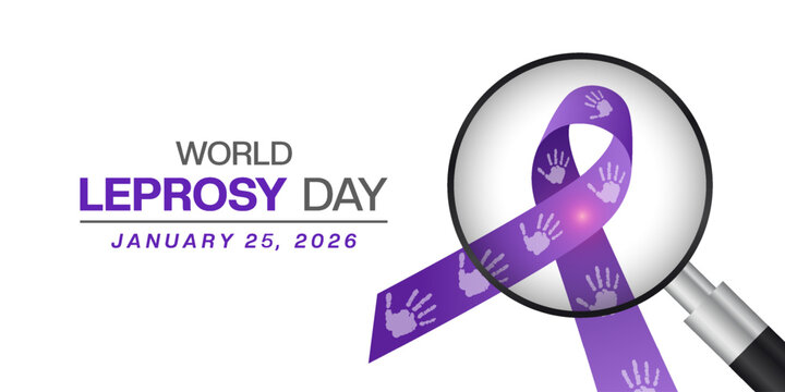 January 25 is World Leprosy Day. Ribbon, hand, light and magnifying glass. Suitable for posters, banners and social media. White background.