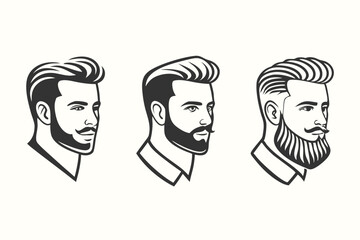Three stylized men profiles showcase diverse beard and hairstyle variations in monochrome