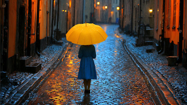 Woman with yellow umbrella walking on cobblestone street in rainy night city stockholm sweden travel photo - Powered by Adobe