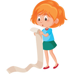 Surprised Young Girl with Orange Hair Wearing Blue Shirt and Green Skirt Holding a Long Paper Scroll with Astonished Expression on Transparent Background Detailed Illustration