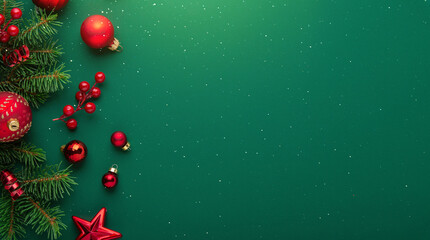 Fototapeta na wymiar Christmas background with xmas tree, Christmas red decoration and sparkle bokeh lights on green background. Merry Christmas greeting card. Winter holiday theme. Happy New Year. Space for text