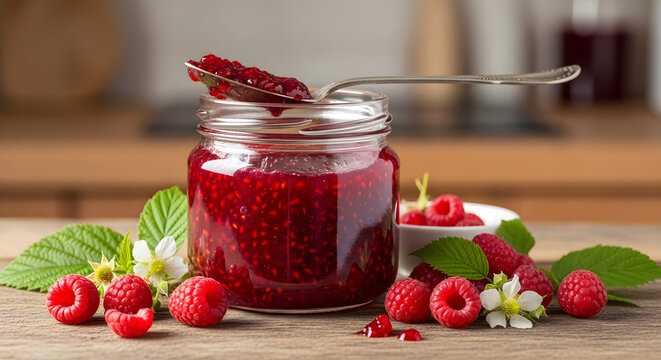 Delicious Raspberry Jam in a Jar with Fresh Raspberries. - Powered by Adobe