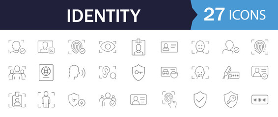 Biometric Identity Line Icon Set. Featuring fingerprint scan, secure access, digital ID card, and two-factor authentication. Perfect for online security, user login UI, and data privacy apps.