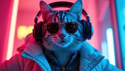 Cool cat with headphones and sunglasses listens to music in neon lights. Anthropomorphic feline character wears casual jacket enjoying electronic beats at night club party.