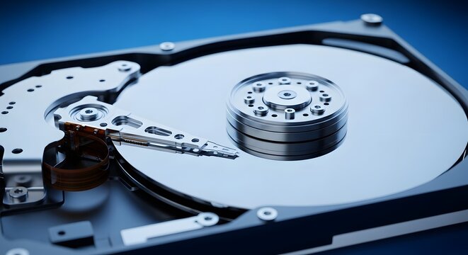 Close up view of the internal components of a computer hard disk drive showing platters and read write head