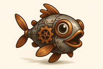 Playful steampunk robo cartoon fish isolated on white background