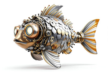 Metal scale steampunk robo cartoon fish with bright lens eye on white background