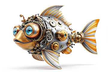 Futuristic steampunk robo cartoon fish with glowing blue eyes on white background