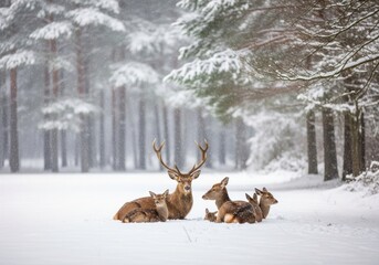 Deer family resting at snowy forest edge