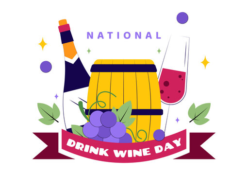 National Drink Wine Day Vector Illustration on February 18 Featuring a Glass of Grapes and a Bottle in a Flat Cartoon Background Design