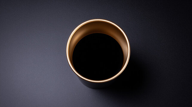 topdown. Minimalist coffee cup on a sleek gold-black surface, embodying simplicity and modern design. bar promotions, beverage menus, designed for product packaging and bar promotions.