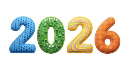 Brightly colored textured numbers 2026 floating against a black background