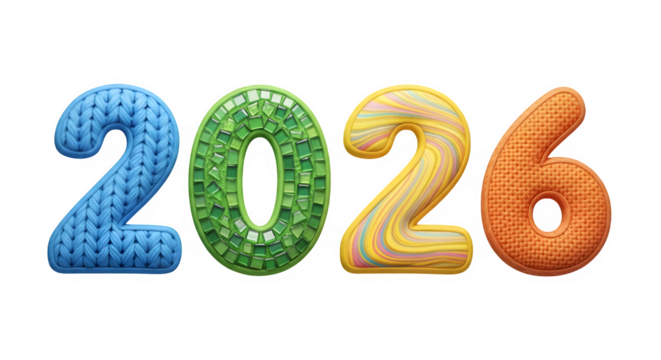 Brightly colored textured numbers 2026 floating against a black background - Powered by Adobe