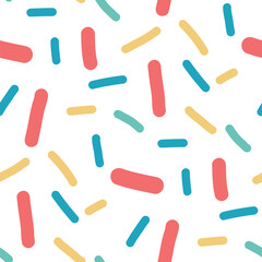 Seamless pattern background with confetti sprinkles. Birthday print designs. Vector illustration with simple small dash line doodles repeat. Playful happy design for parties, bakery or kids themes.