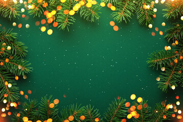 Christmas frame with xmas spruce tree, bokeh lights on green background. Merry Christmas greeting card, banner, frame, border. Winter holiday festive theme. Happy New Year. Space for text.