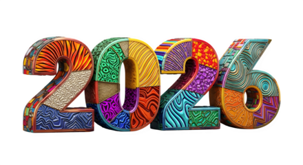 Vibrant and colorful 3d numbers 2026 with diverse textured patterns on black background