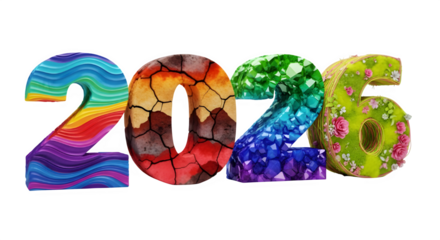 Vibrant and textured year 2026 numbers displayed against a black background with diverse artistic styles
