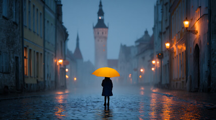 Cityscape rainy night yellow umbrella walking street lights urban scene travel photography tourism view