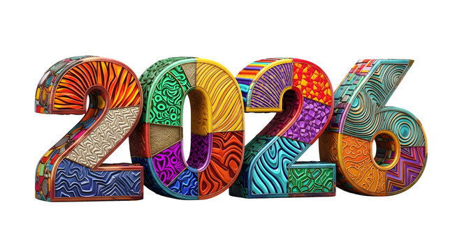 Vibrant and colorful 3d numbers 2026 with diverse textured patterns on black background