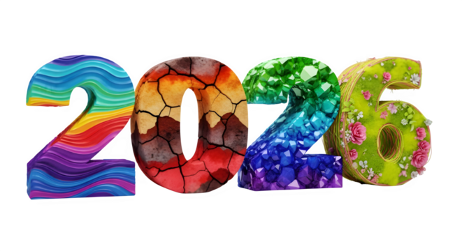 Vibrant and textured year 2026 numbers displayed against a black background with diverse artistic styles