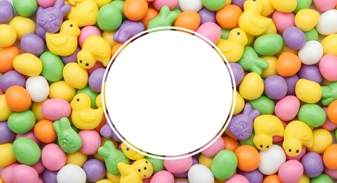 Colorful easter candy eggs and chicks with a white oval copy space for text