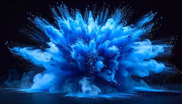 A mesmerizing capture of vibrant blue powder erupting in an explosion, radiating outwards against a dark, smooth backdrop