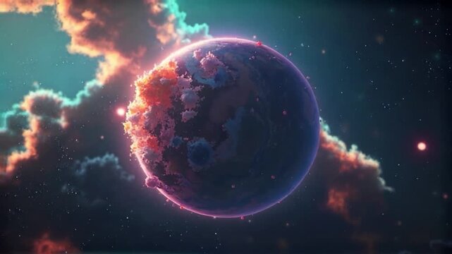 Mysterious Alien Planet Orbiting Distant Star Amidst Colorful Nebula Clouds