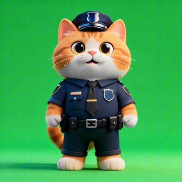 A cute orange cat dressed in a police uniform stands greeting on a green screen, perfect for chroma key animation, 3D cartoon style, friendly character for playful creative scenes.