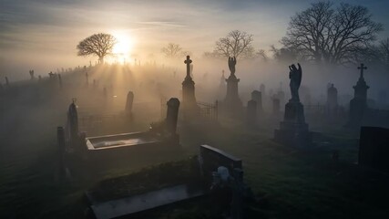 Eerie Cemetery Sunrise - A Foggy Dawn Among the Tombstones. - Powered by Adobe
