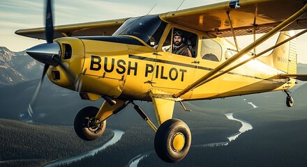 Yellow Bush Pilot Flying Over Forested Mountains and River
